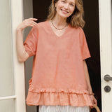 100% Linen V-neck Ruffle Layered Hem Blouse