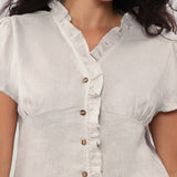 100% Linen V-neck Ruffle Trim Short Sleeve Blouse
