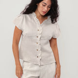 100% Linen V-neck Ruffle Trim Short Sleeve Blouse