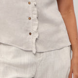 100% Linen V-neck Ruffle Trim Short Sleeve Blouse