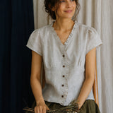 100% Linen V-neck Ruffle Trim Short Sleeve Blouse