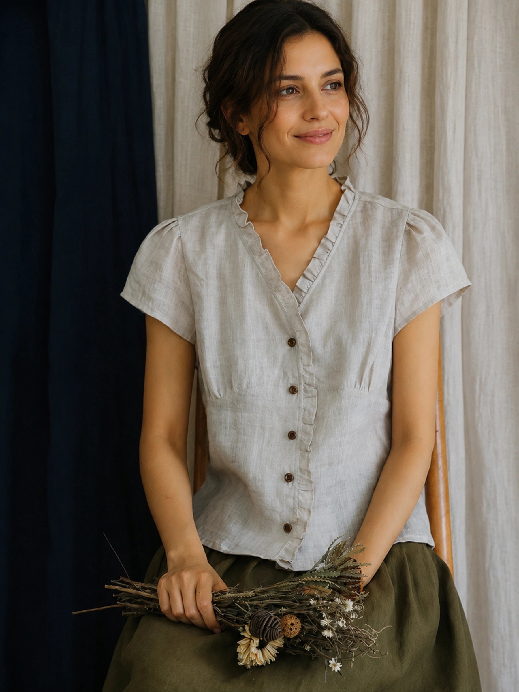 100% Linen V-neck Ruffle Trim Short Sleeve Blouse