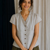 100% Linen V-neck Ruffle Trim Short Sleeve Blouse