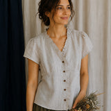 100% Linen V-neck Ruffle Trim Short Sleeve Blouse