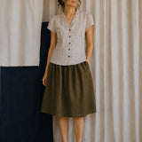 100% Linen V-neck Ruffle Trim Short Sleeve Blouse