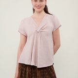 100% Linen V-neck Twist Front Short Sleeve Blouse