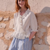 100% Linen V-neck Wrap Ruffle Blouse
