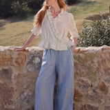 100% Linen V-neck Wrap Ruffle Blouse