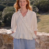 100% Linen V-neck Wrap Ruffle Blouse