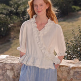 100% Linen V-neck Wrap Ruffle Blouse