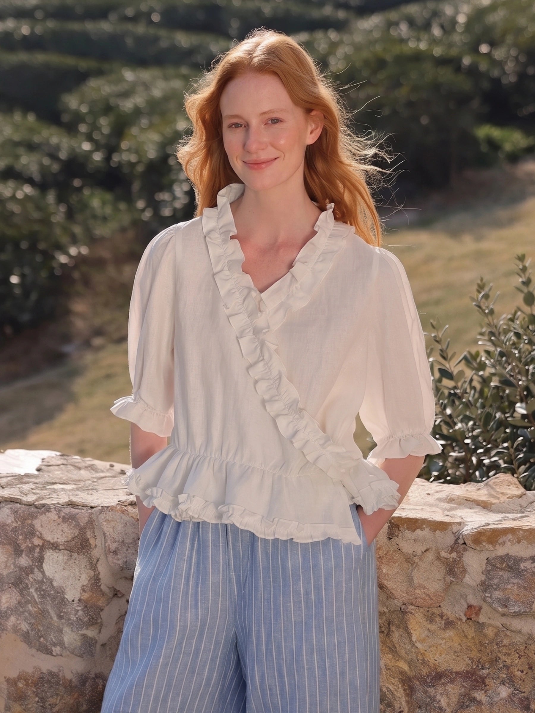 100% Linen V-neck Wrap Ruffle Blouse
