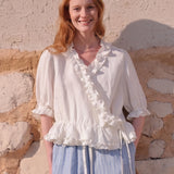 100% Linen V-neck Wrap Ruffle Blouse
