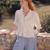 100% Linen V-neck Wrap Ruffle Blouse
