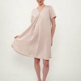 100% Linen V-Neck Short Sleeve Midi Dress