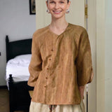 100% Linen Vintage 3/4 Sleeve Diagonal Button Blouse