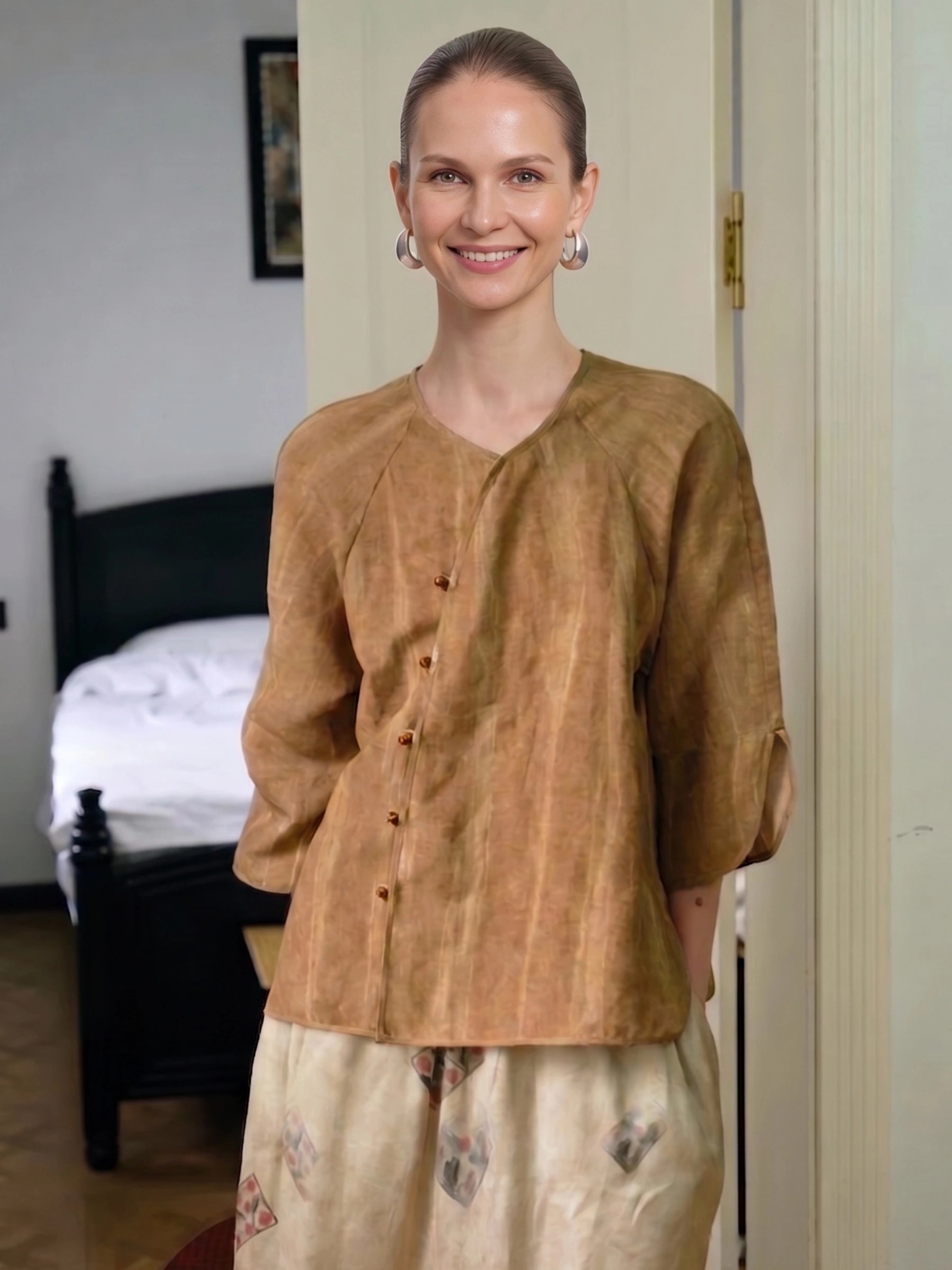 100% Linen Vintage 3/4 Sleeve Diagonal Button Blouse
