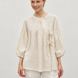 100% Linen Vintage Round Neck Puff Sleeve Smock Top