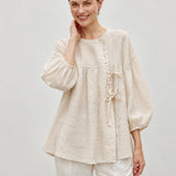 100% Linen Vintage Round Neck Puff Sleeve Smock Top