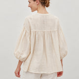 100% Linen Vintage Round Neck Puff Sleeve Smock Top