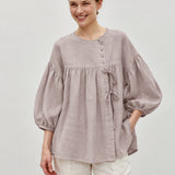 100% Linen Vintage Round Neck Puff Sleeve Smock Top