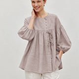100% Linen Vintage Round Neck Puff Sleeve Smock Top