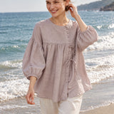 100% Linen Vintage Round Neck Puff Sleeve Smock Top