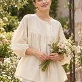 100% Linen Vintage Round Neck Puff Sleeve Smock Top