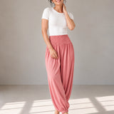 100% Linen Wide-Elastic-Waistband Balloon Pants