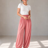 100% Linen Wide-Elastic-Waistband Balloon Pants