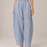 100% Linen Wide Smocked-Waist Curved-Leg Pants