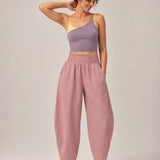 100% Linen Wide Smocked-Waist Curved-Leg Pants