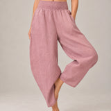 100% Linen Wide Smocked-Waist Curved-Leg Pants