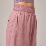 100% Linen Wide Smocked-Waist Curved-Leg Pants