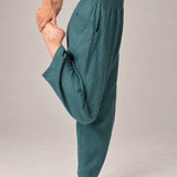 100% Linen Wide Smocked-Waist Curved-Leg Pants