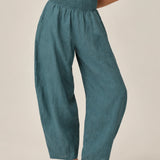 100% Linen Wide Smocked-Waist Curved-Leg Pants