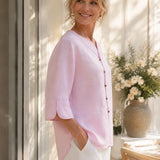 100% Linen Vintage 3/4 Sleeve Diagonal Button Blouse