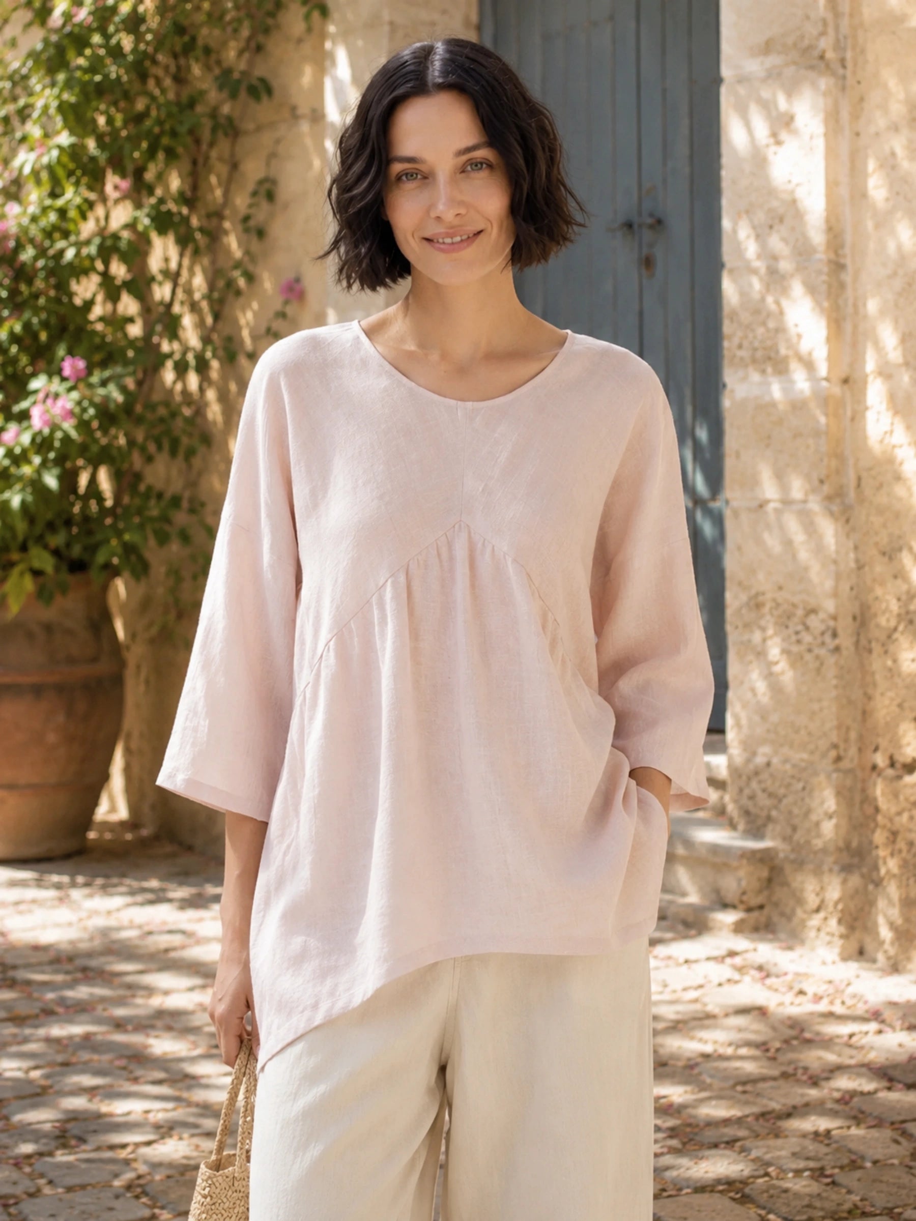 100% Linen 3/4 Sleeve Gathered Front Blouse