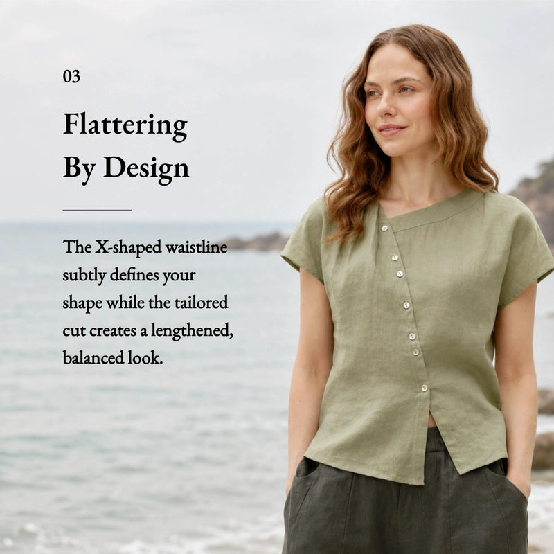 100% Linen Asymmetric Button Short Sleeve Blouse