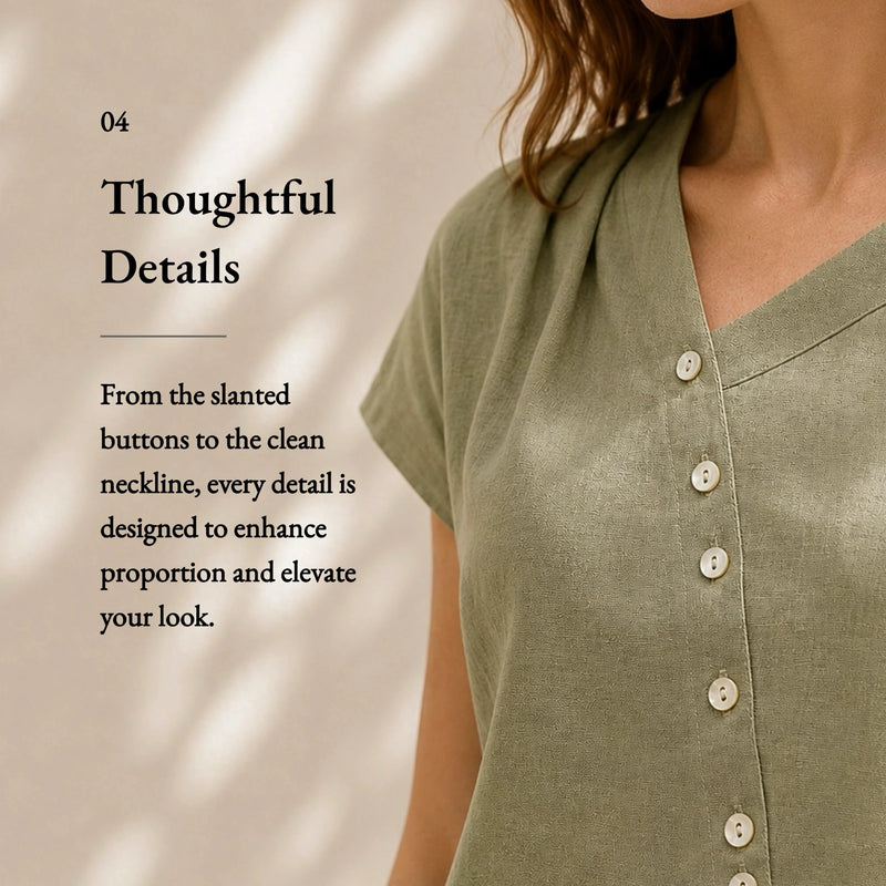 100% Linen Asymmetric Button Short Sleeve Blouse