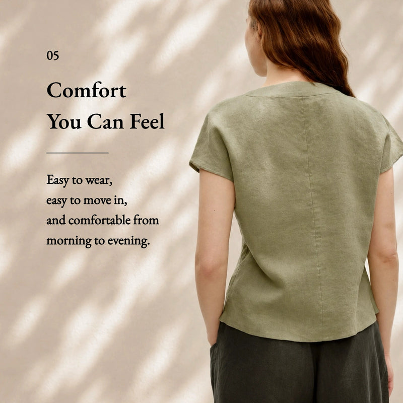 100% Linen Asymmetric Button Short Sleeve Blouse