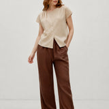100% Linen Asymmetric Button Short Sleeve Blouse