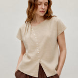 100% Linen Asymmetric Button Short Sleeve Blouse
