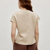 100% Linen Asymmetric Button Short Sleeve Blouse