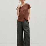 100% Linen Asymmetric Button Short Sleeve Blouse