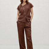 100% Linen Asymmetric Button Short Sleeve Blouse