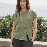 100% Linen Asymmetric Button Short Sleeve Blouse
