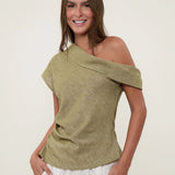 100% Linen Asymmetric Off-Shoulder Ruched Blouse