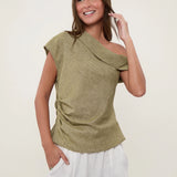 100% Linen Asymmetric Off-Shoulder Ruched Blouse