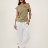 100% Linen Asymmetric Off-Shoulder Ruched Blouse