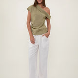 100% Linen Asymmetric Off-Shoulder Ruched Blouse
